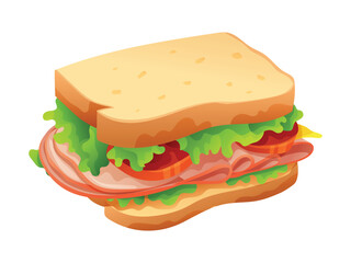 Sandwich with fresh lettuce, tomato, ham, and cheese. Vector cartoon illustration