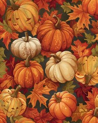 Seamless pattern with autumn pumpkins and leaves, perfect for fall decorations.