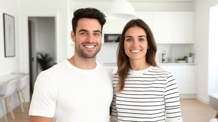 Fototapeta premium A man and woman are smiling for the camera in a white interior.