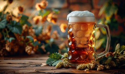 A close-up of a beer mug with hops and barley in the background at the Oktoberfest festival.