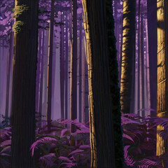Obraz premium Beautiful fantasy forest of dark purple trees and plants, atmospheric mythical magic landscape