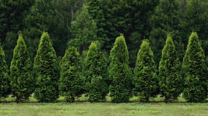 A line of cedar trees creates a dense and green background with plenty of open space for copy.