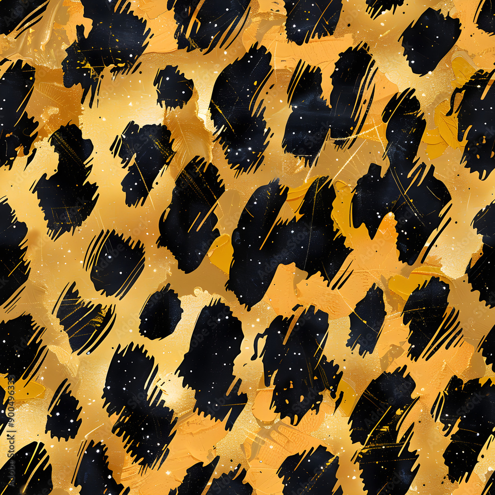 Poster seamless pattern with gold leopard print and black brushstrokes