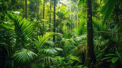 Naklejka premium towering trees and dense foliage offers a vibrant and natural background with copy space.