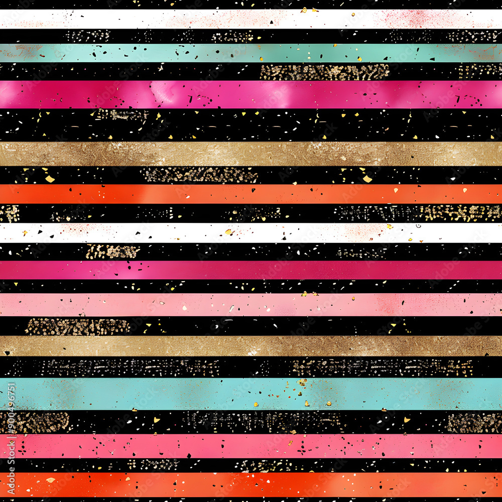 Poster Seamless pattern with colorful stripes glitter and splashes on black background