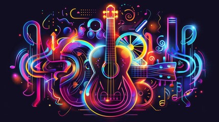 Fototapeta premium Vector illustration of musical instruments, guitar and bass in the center with colorful glowing neon shapes around it, on black background