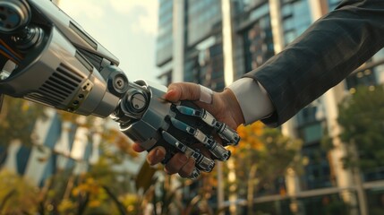 A robot hand shakes a human hand