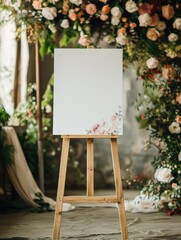 Elegant wedding event setup with a blank canvas on an easel, surrounded by beautiful floral arrangements and decorations.