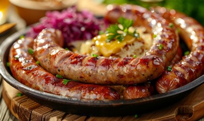 Close-up of a plate of sausages with mustard and sauerkraut at the Oktoberfest festival.