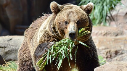 Obraz premium Brown bears primarily consume vegetation with animal meat as a supplementary part of their diet