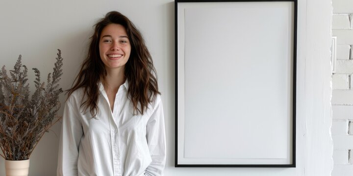 A smiling woman is standing next to a blank poster in a frame and decorating the wall on a white background in the living room.