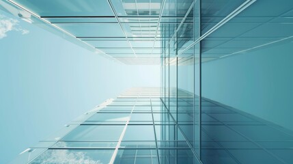 Obraz premium A modern glass building rises high into the blue sky, offering a stunning view from the ground