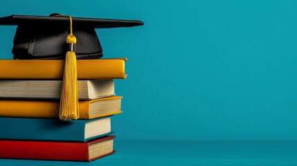 A graduation cap sits atop a stack of colorful books, symbolizing education and achievement in a vibrant setting.