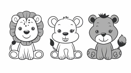 Naklejka premium Three Cartoon Lion Cubs in Sitting Poses