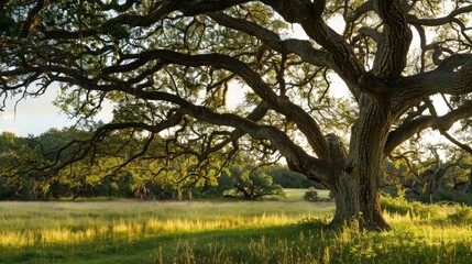 Obraz premium An old oak tree with sprawling branches provides a timeless and classic background with plenty of open space for copy.