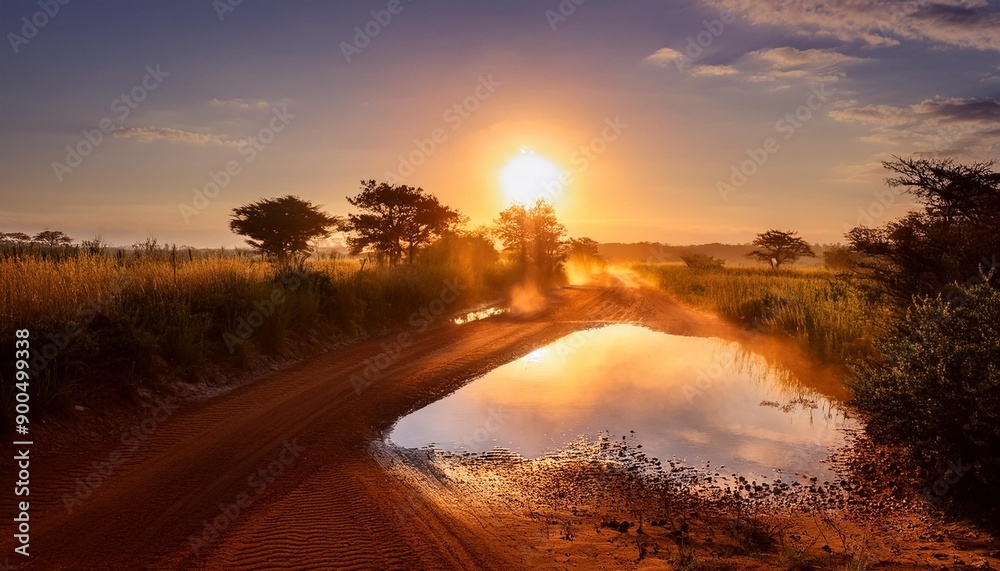 Wall mural sunrise with water on a dirt road