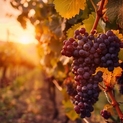 Sunset Over Vineyard with Ripe Grapes