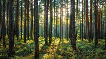 Obraz premium Pine trees create a serene forest background with dappled sunlight filtering through, leaving plenty of copy space above.