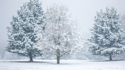 Winter trees covered in snow provide a serene and peaceful background with plenty of open space for copy.