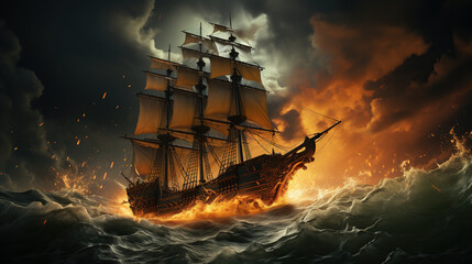 Obraz premium A great pirate ship sails the sea at night. Generation Ai