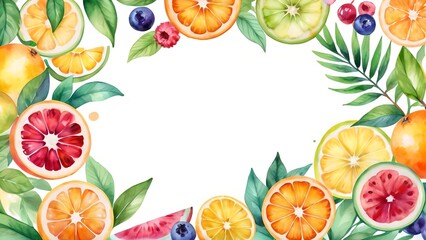 Abstract colorful watercolor summer fruits illustration background. Sweet fresh and healthy citrus food plant diet, delicious tropical art. Banner, empty space, place for text in the middle.