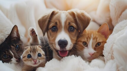Cute Puppy and Kittens in a Blanket