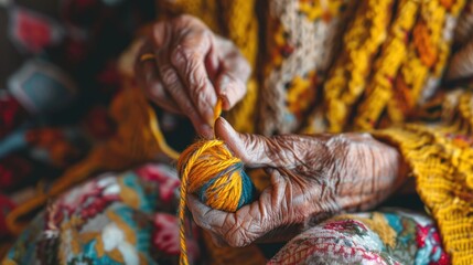 A grandmother lovingly crafts with vibrant yarn, her skilled hands weaving colorful patterns that tell stories of tradition and warmth