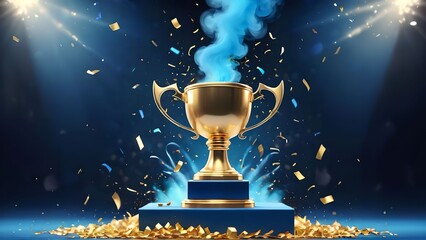 Shiny golden trophy placed on the podium floor, success concept, confetti falling from above, blue smoke and glow. Prize or reward for the winner and champion ceremony, contest triumph stadium stage