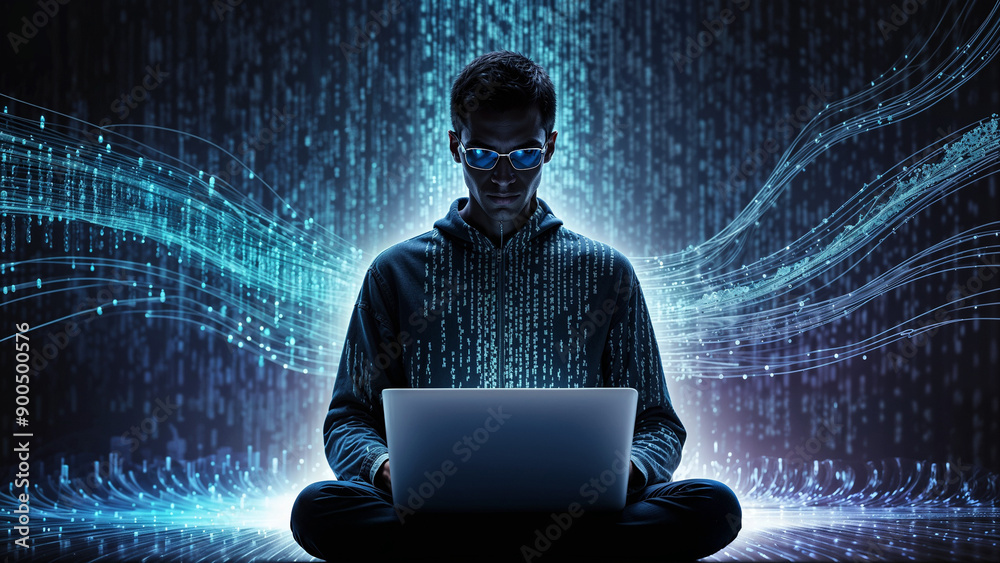 Wall mural creative cyberspace, silhouette man with laptop and digital code around, binary streams depicting da