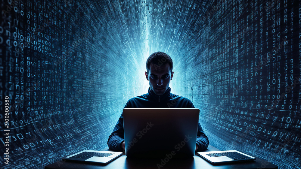 Wall mural creative cyberspace, silhouette man with laptop and digital code around, binary streams depicting da