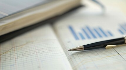 A blank notebook with a pen and financial charts, leaving ample room for copy.