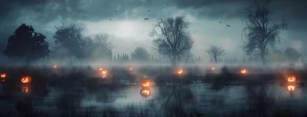 Fototapeta premium Foggy Halloween Night With Jack-O-Lanterns