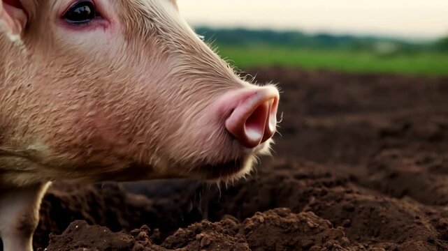 A pig stands on rich, dark earth, with a lush green field in the background under the soft light of early morning