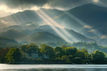 sunlight hitting the mountains at Coniston in the Lake District with a house at the bottom of the mountain, generative ai