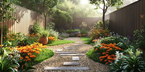 Fototapeta premium Lush and Vibrant Garden Oasis with Winding Stone Path