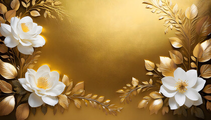  Elegant gold background adorned with white flowers and lush foliage, sense of mourning 
