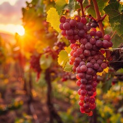 Sunset Over Vineyard with Ripe Grapes
