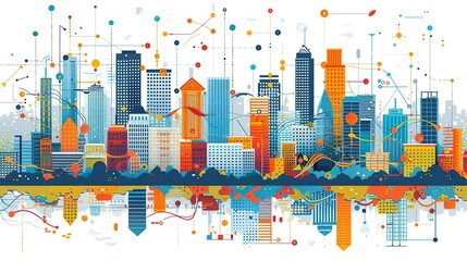 Abstract Illustration of a Connected Cityscape with Buildings and Lines