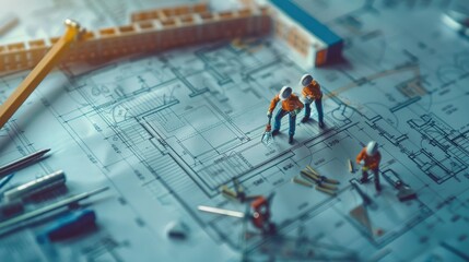Miniature Construction Workers on Architectural Blueprint