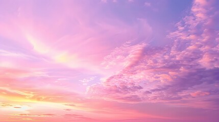 Obraz premium Panoramic photo, view of a pink and purple sky at sunset. Sky panorama background, header and web banner. 