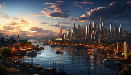 Naklejka premium A busy harbor with yachts and a city backdrop
