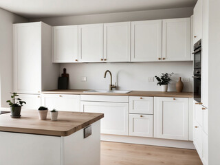 A Scandinavian kitchen featuring white cabinets, light wood countertops, and simple, modern appliances.