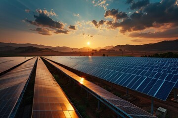 Rows of solar panels capture the last rays of the setting sun in open fields, symbolizing the harnessing of natural energy and innovative solutions to power the future.