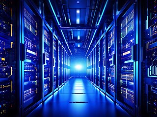 Abstract data center background, database in terminal storage, hardware server room, cloud computing, networking and hosting in rack system