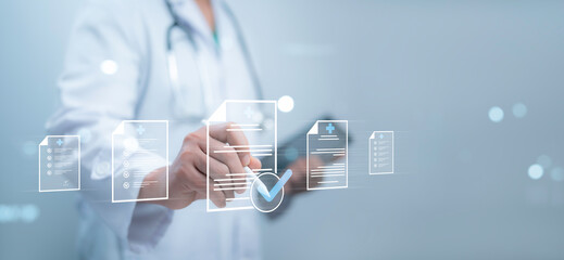 A medical worker work with virtual Quality Certificate and Checklist document analyst target marketing planning assignment with quality