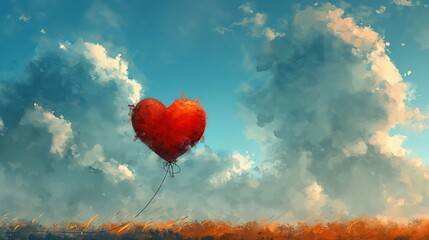 Fototapeta premium Red heart balloon in blue sky with clouds. 3D illustration. Valentine's day background, copy space