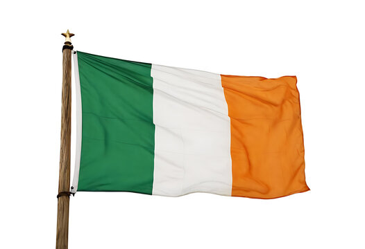  The national flag of Ireland, a tricolor of green, white, and orange, waving proudly against a white background. Perfect for illustrating articles on Irish culture, history, or travel.