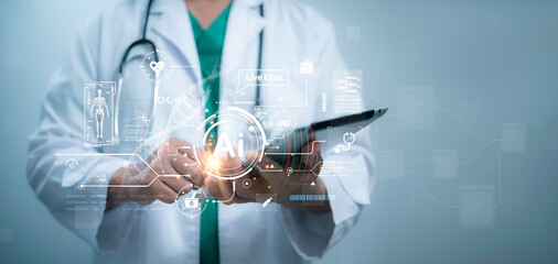 Medical worker touch virtual medical revolution and advance of technology Artificial Intelligence,AI Deep Learning for medical research,Transformation of innovation and technology for future Health.