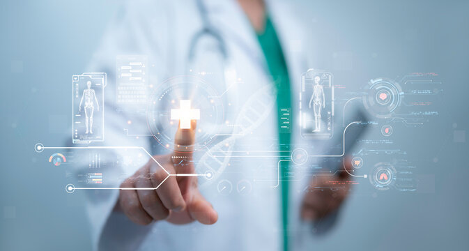 Medical worker touch virtual medical revolution and advance of technology Artificial Intelligence,AI Deep Learning for medical research,Transformation of innovation and technology for future Health.