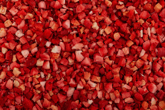 Freeze dried strawberries, close-up. Pile of Dehydrated strawberry berries. Fruit topping. Clever storage food.